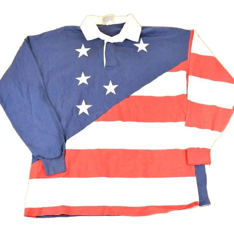 Vintage 1990s American Edition AOP American Flag Button Up Rugby Shirt Mens L from propervintagecanada