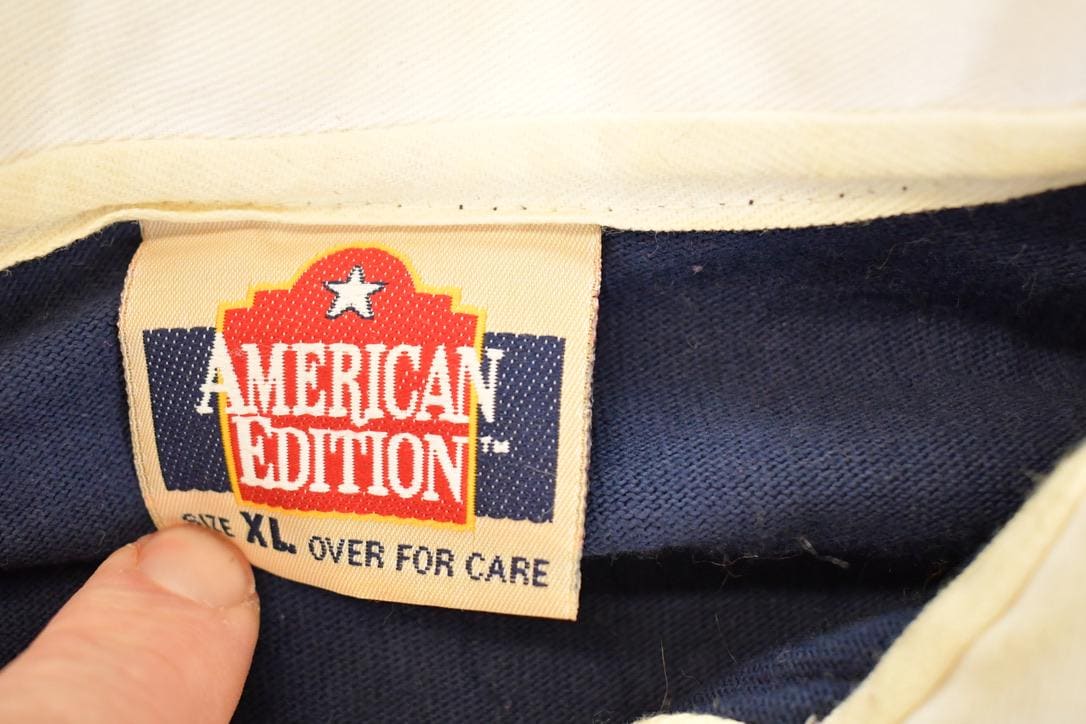 Vintage 1990s American Edition AOP American Flag Button Up Rugby Shirt Mens L from propervintagecanada