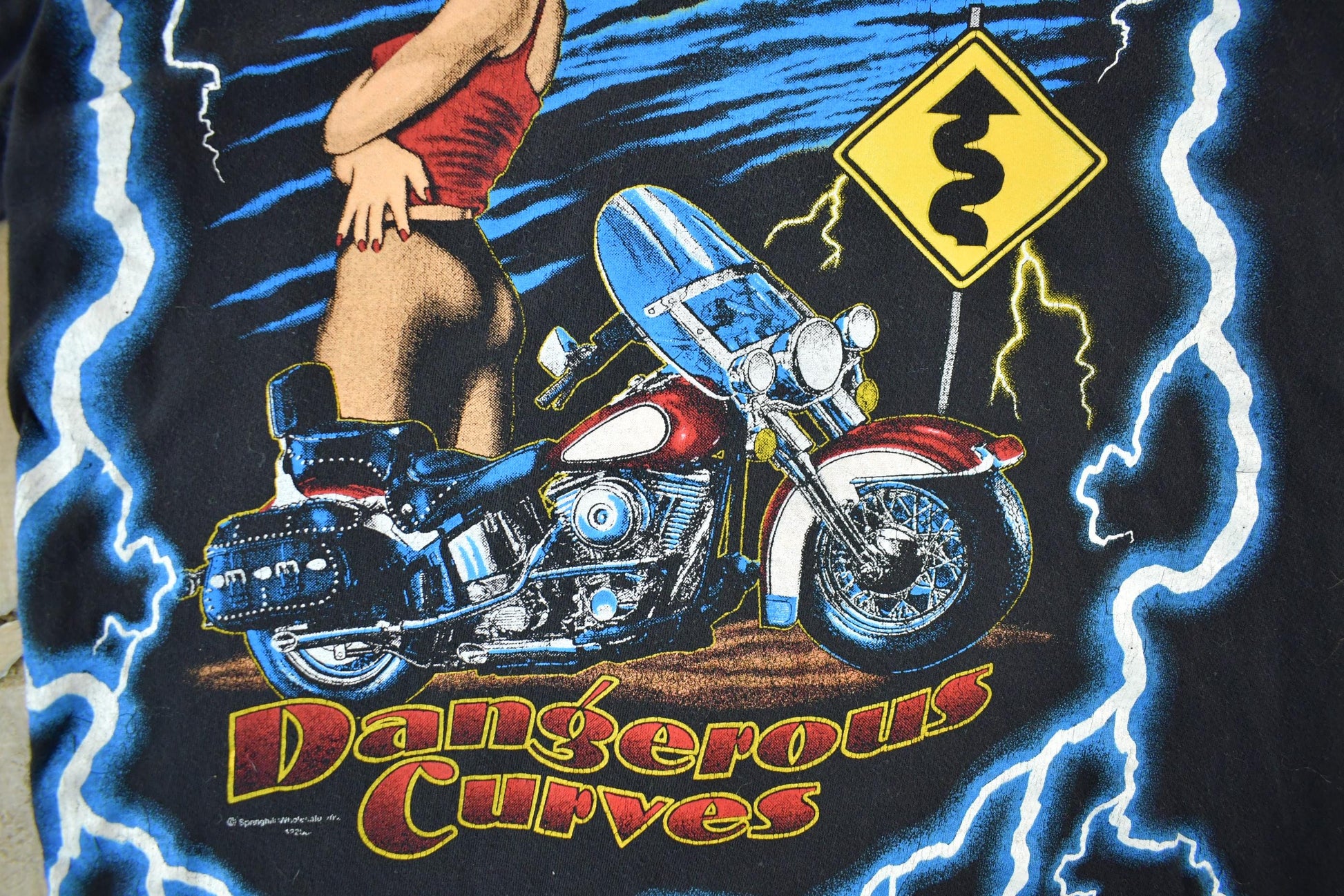 Vintage 1990s American Motorcycle Dangerous Curves Graphic T Shirt Men's Large from propervintagecanada