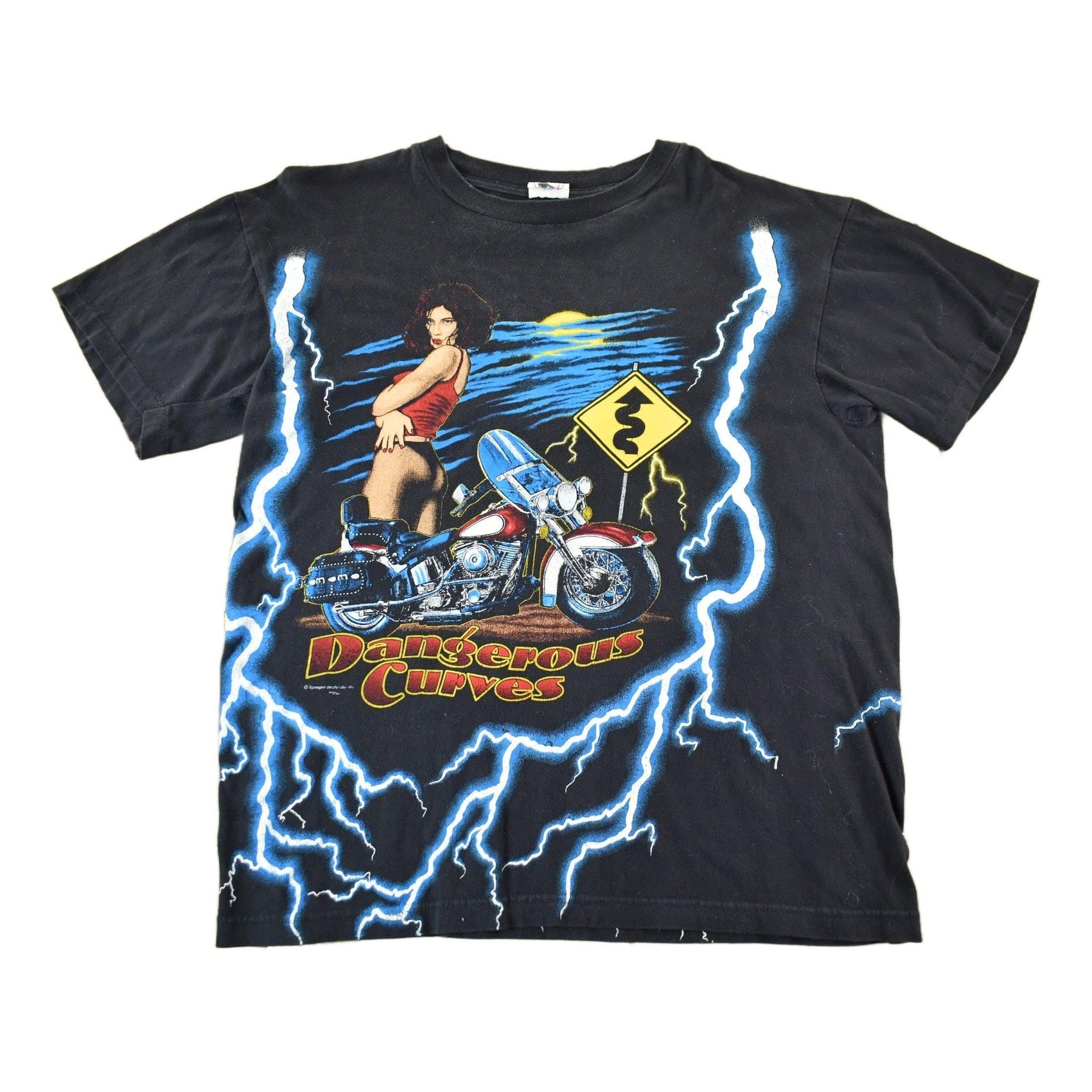 Vintage 1990s American Motorcycle Dangerous Curves Graphic T Shirt Men's Large from propervintagecanada