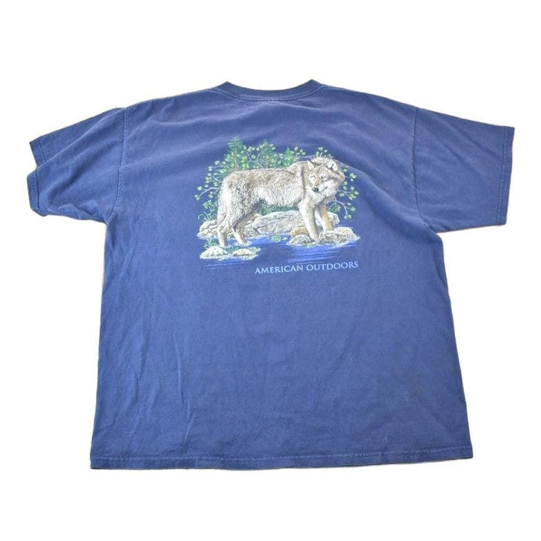 Vintage 1990s American Outdoors Wolf Souvenir Single Stitch Graphic Print T-Shirt Made In Men's XL from propervintagecanada