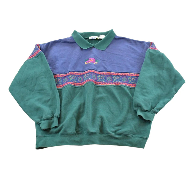Vintage 1990s American Sportif Flower Embroidered Collared Crewneck Mens S from propervintagecanada