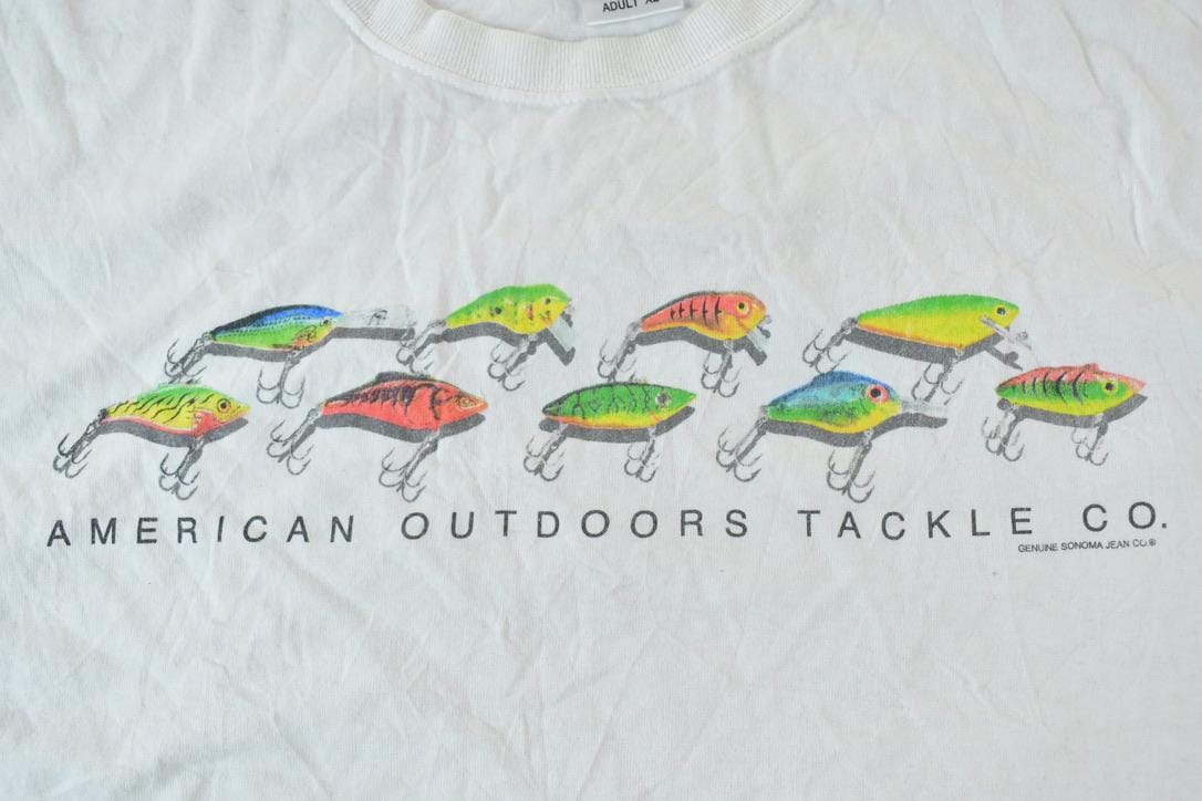 Vintage 1990s American Tackle Fishing Graphic T-Shirt Men's XL from propervintagecanada