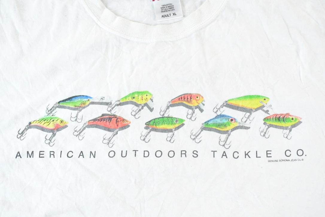 Vintage 1990s American Tackle Fishing Graphic T-Shirt Men's XL from propervintagecanada