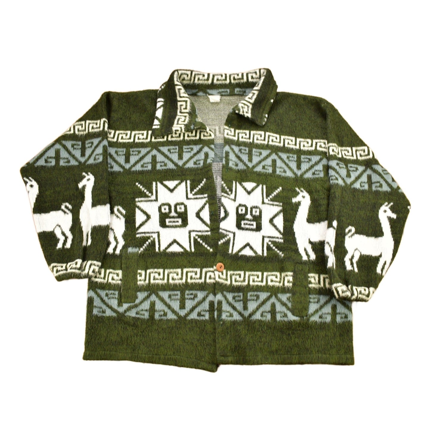 Vintage 1990s Animal Theme Aztec Pattern Knitted Button Up Sweater Men's XL from propervintagecanada