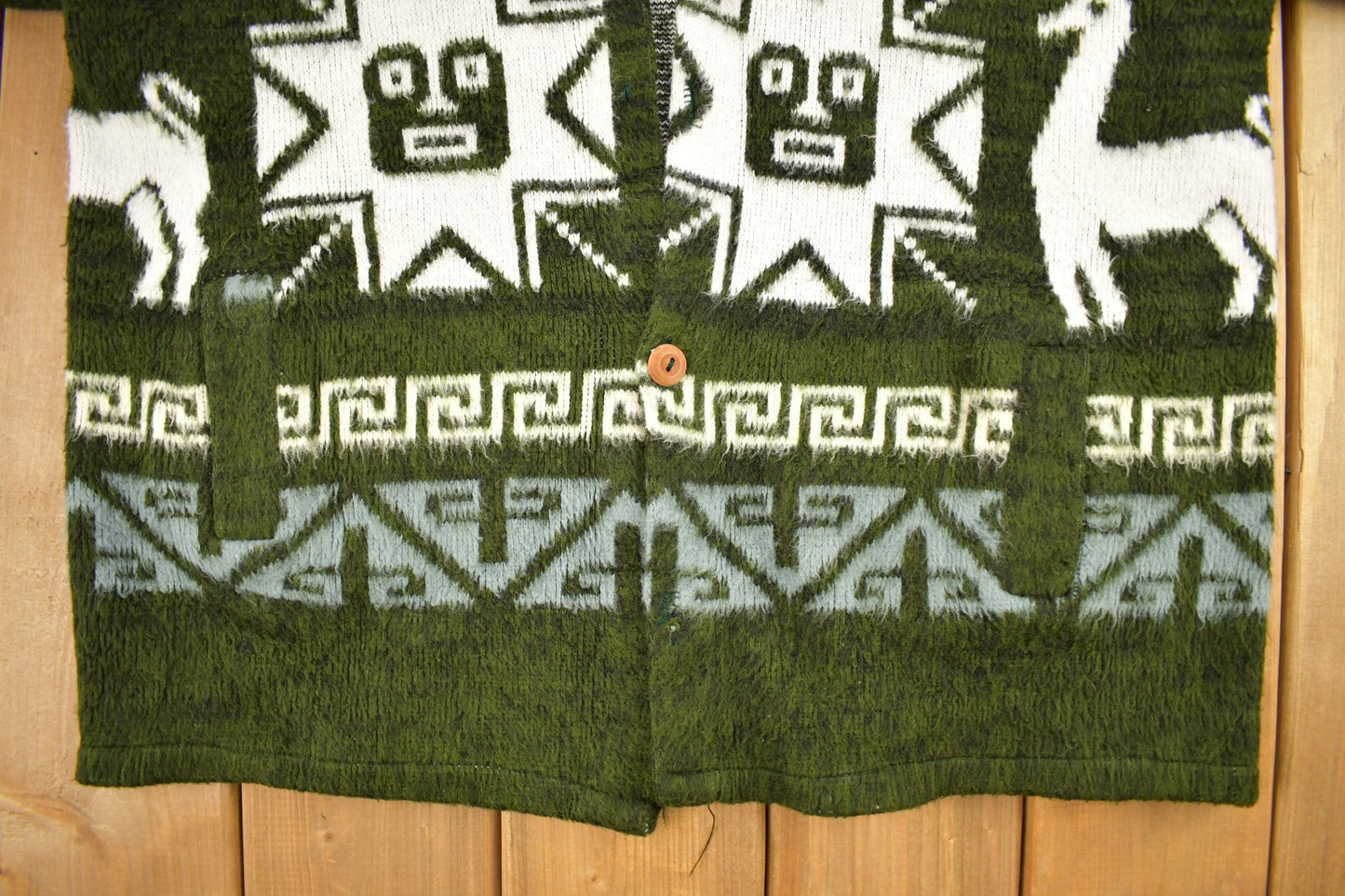 Vintage 1990s Animal Theme Aztec Pattern Knitted Button Up Sweater Men's XL from propervintagecanada