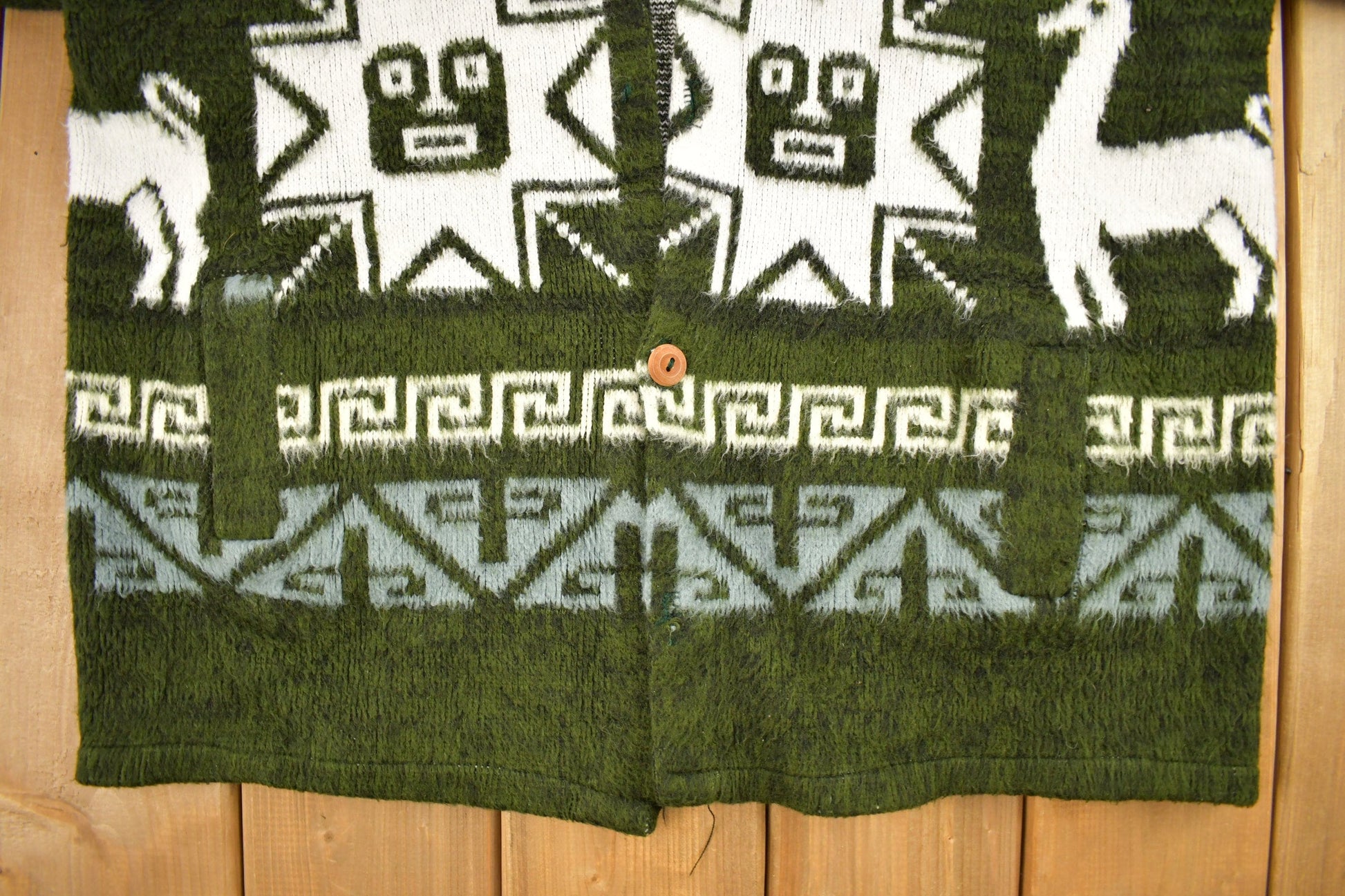 Vintage 1990s Animal Theme Aztec Pattern Knitted Button Up Sweater Men's XL from propervintagecanada