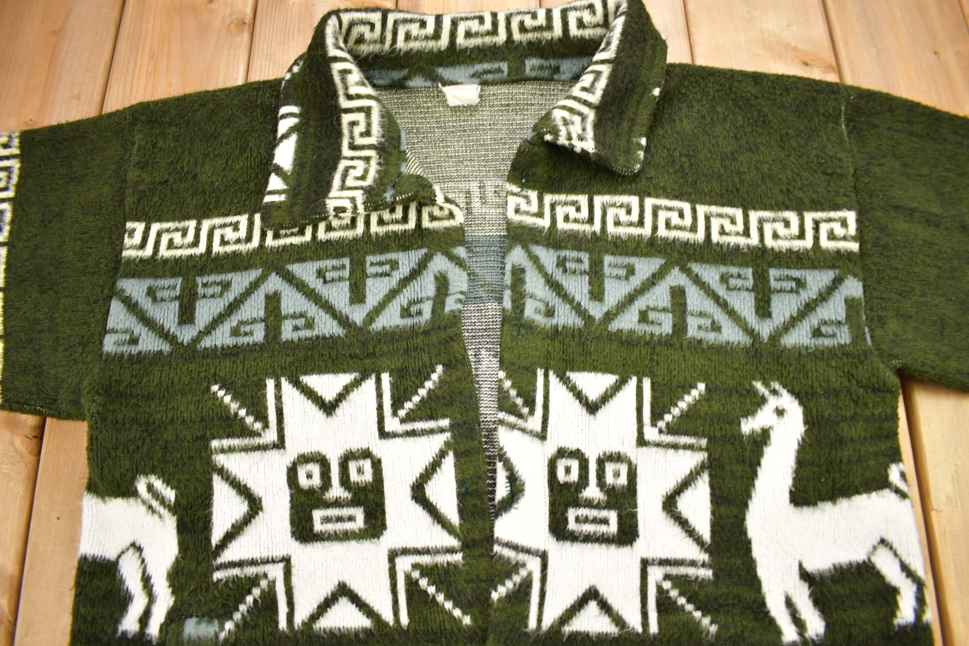 Vintage 1990s Animal Theme Aztec Pattern Knitted Button Up Sweater Men's XL from propervintagecanada