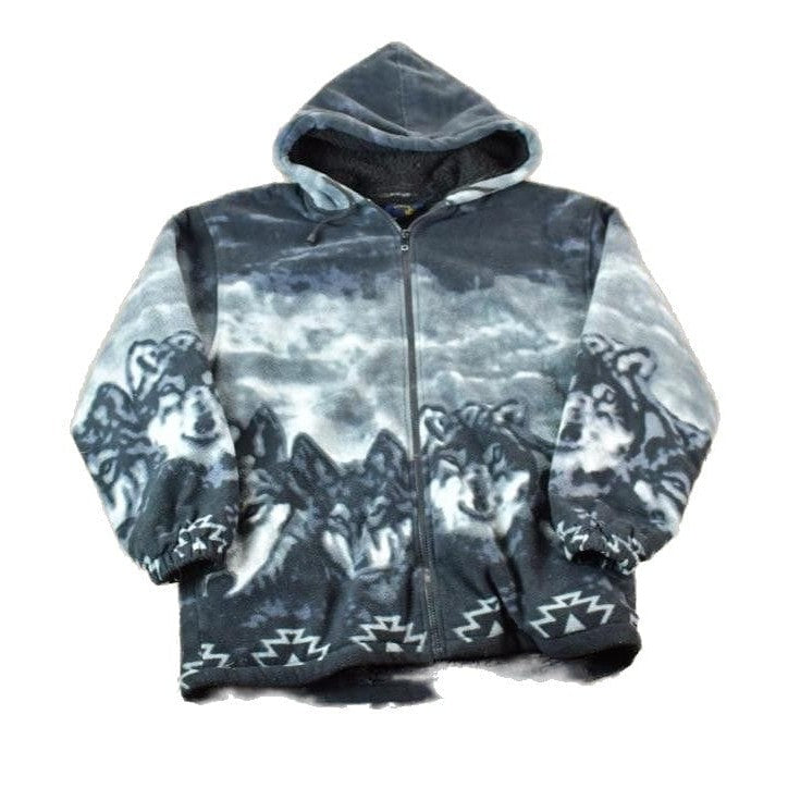 Vintage 1990s AOP Wolves Fleece Outdoorsman Hooded Zip Up Sweater Men's Large from propervintagecanada