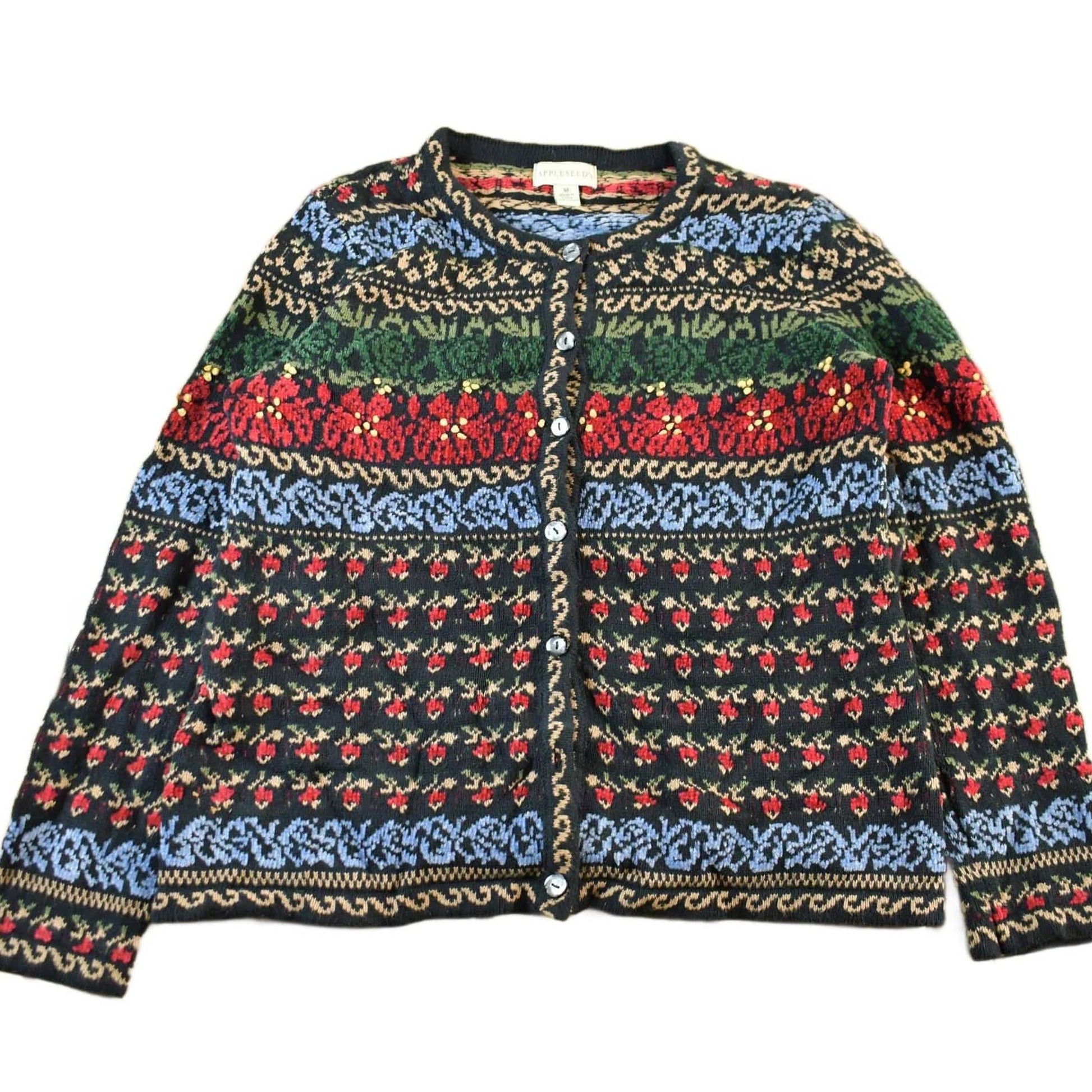 Vintage 1990s Appleseeds Floral Knit Cardigan Sweater Women's Medium from propervintagecanada