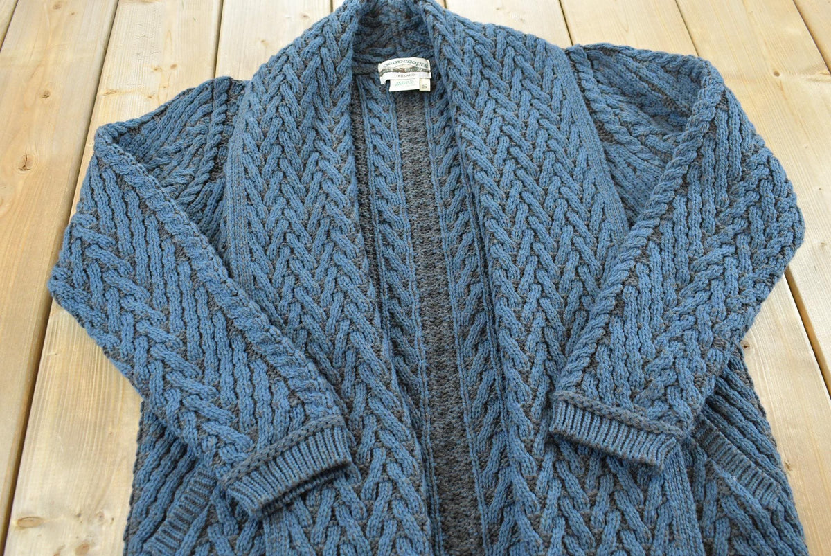 Vintage 1990s Aran Crafts 100% Merino Wool Cable Knit Shawl Cardigan Long Sweater Mens S from propervintagecanada