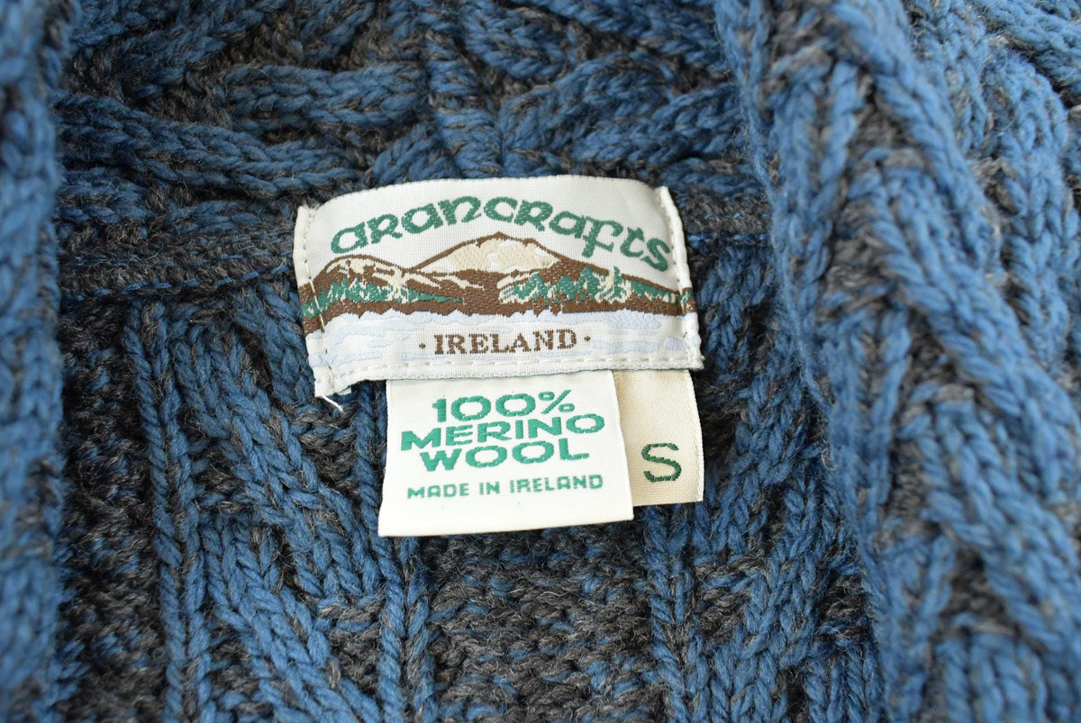 Vintage 1990s Aran Crafts 100% Merino Wool Cable Knit Shawl Cardigan Long Sweater Mens S from propervintagecanada