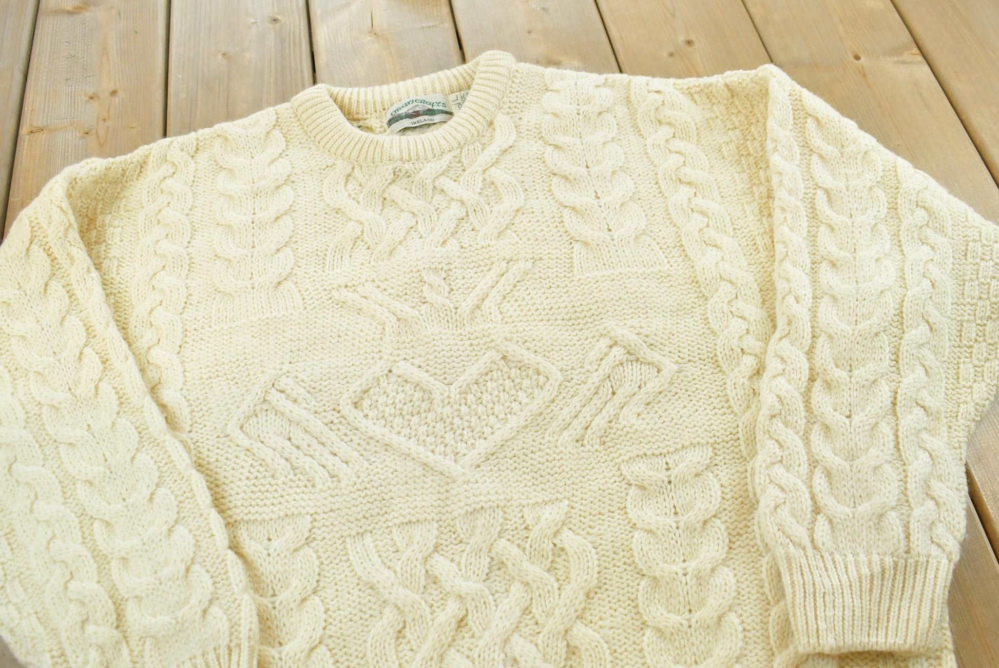 Vintage 1990s Aran Crafts 100% Wool 3D Cable Knit Sweater Mens L from propervintagecanada