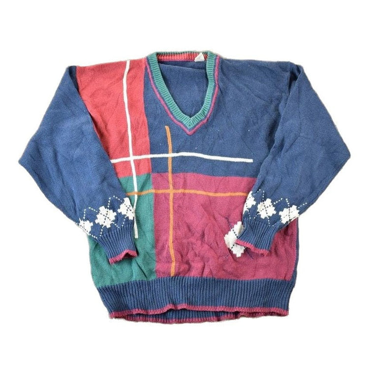 Vintage 1990s Argyle Knit Abstract Pattern V Neck Sweater Men's XL from propervintagecanada