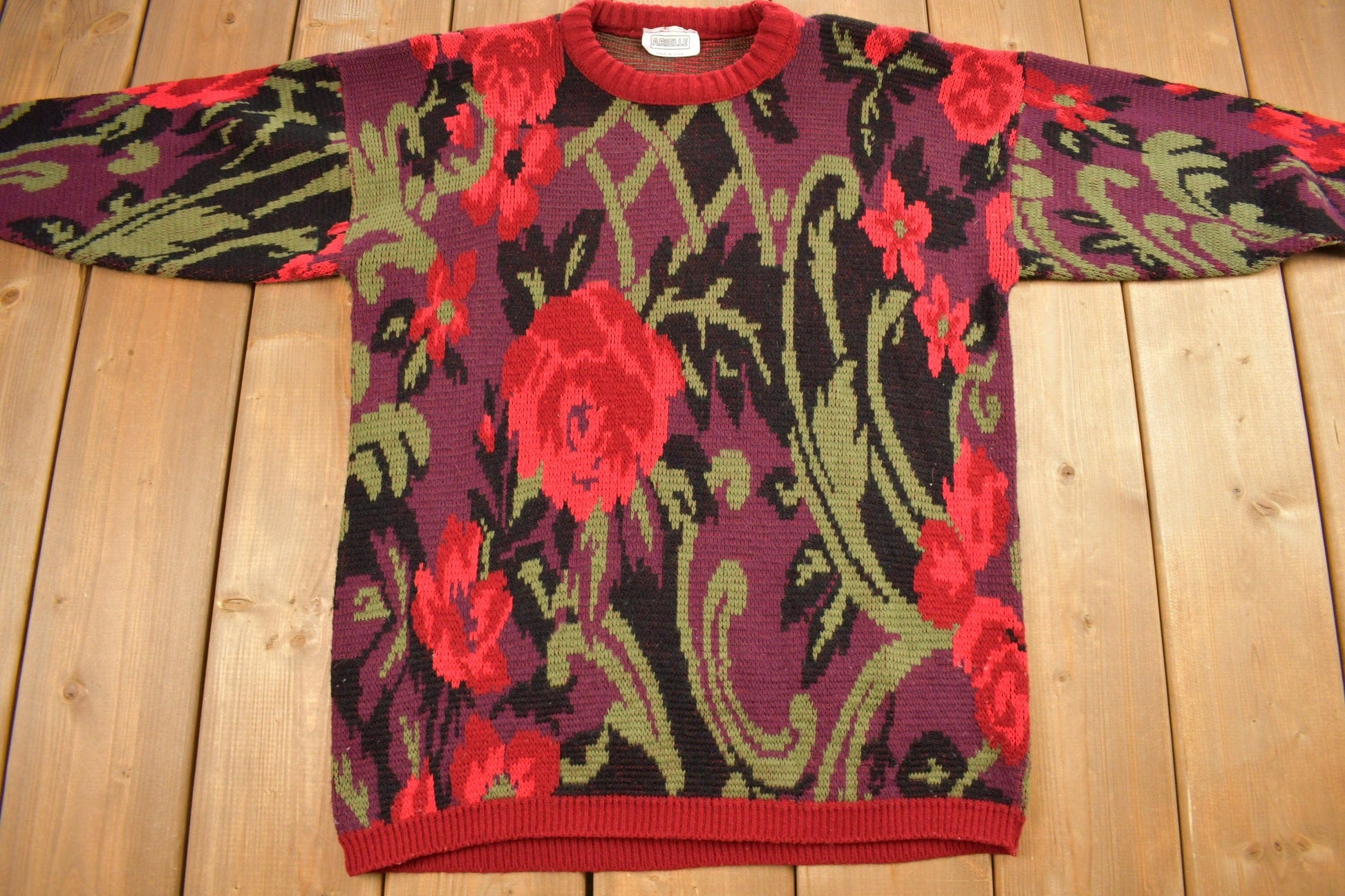 Vintage 1990s Arielle Abstract Rose Theme Knitted Crewneck Sweater Men's Medium from propervintagecanada