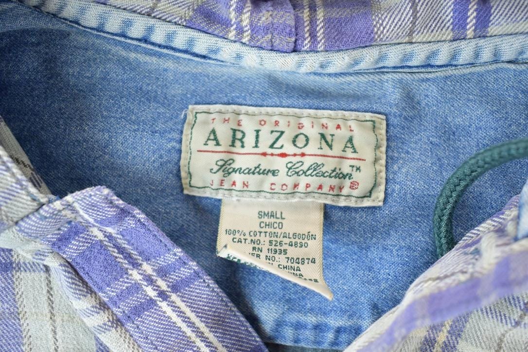 Vintage 1990s Arizona Plaid Denim Hoodie Made In USA Men's Large from propervintagecanada