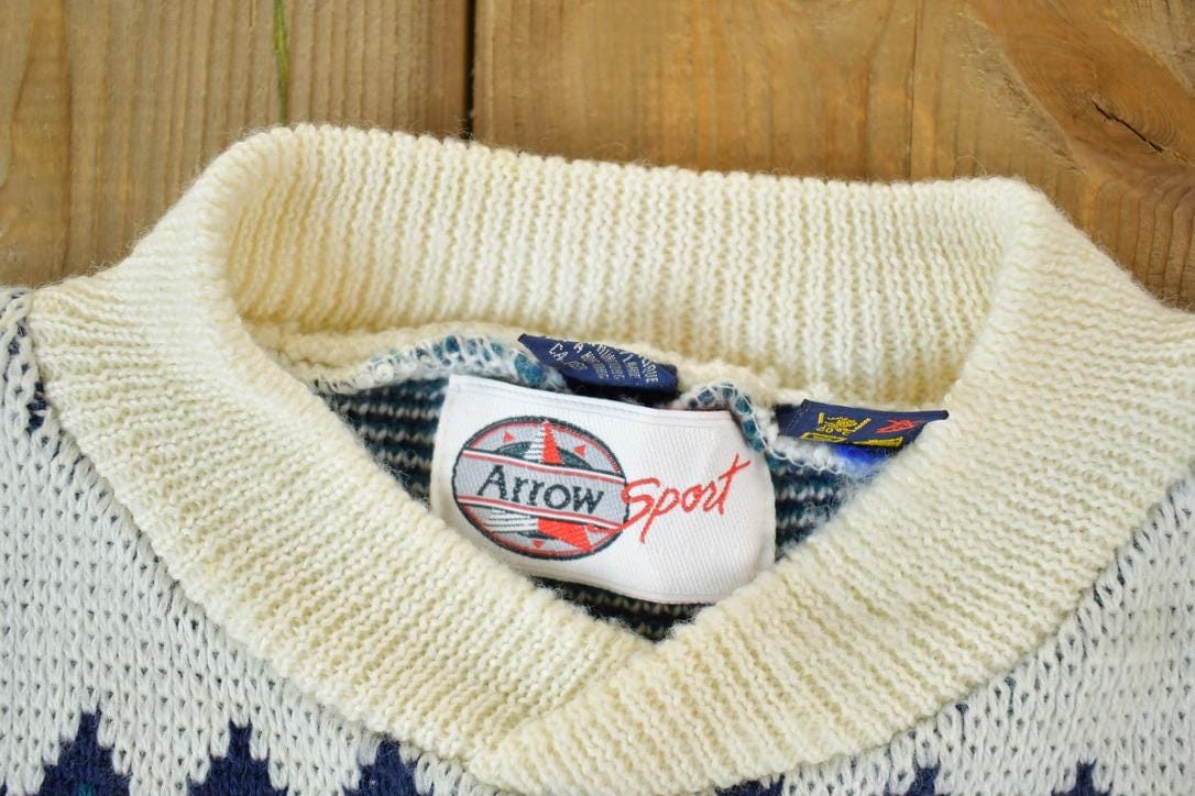 Vintage 1990s Arrow Sport Knit Abstract Pattern Crewneck Sweater Men's Large from propervintagecanada
