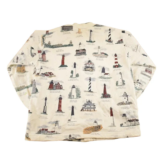 Vintage 1990s Art Unlimited AOP Lighthouses Button Up Souvenir Sweatshirt Mens L from propervintagecanada