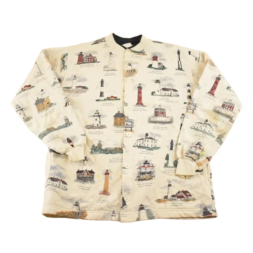 Vintage 1990s Art Unlimited AOP Lighthouses Button Up Souvenir Sweatshirt Mens L from propervintagecanada