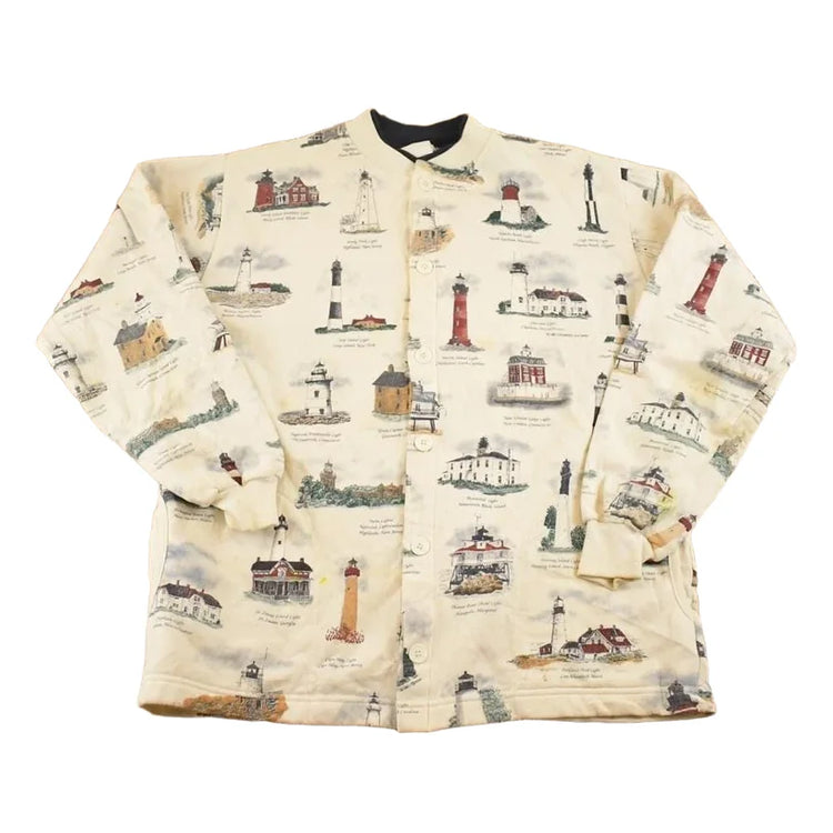 Vintage 1990s Art Unlimited AOP Lighthouses Button Up Souvenir Sweatshirt Mens L from propervintagecanada