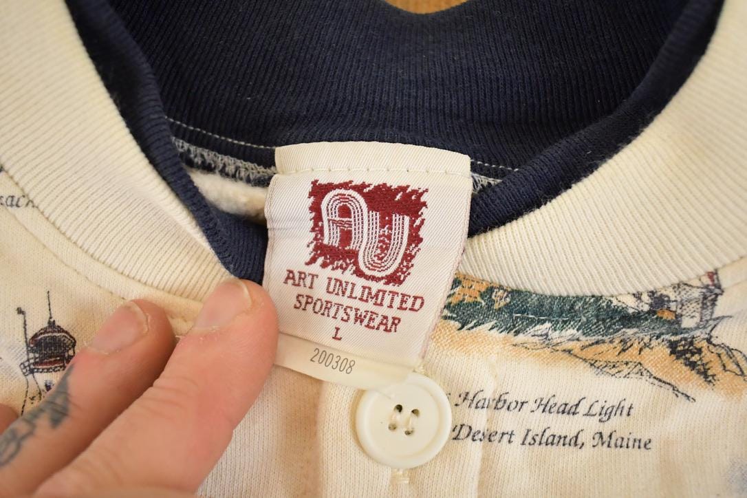 Vintage 1990s Art Unlimited AOP Lighthouses Button Up Souvenir Sweatshirt Mens L from propervintagecanada