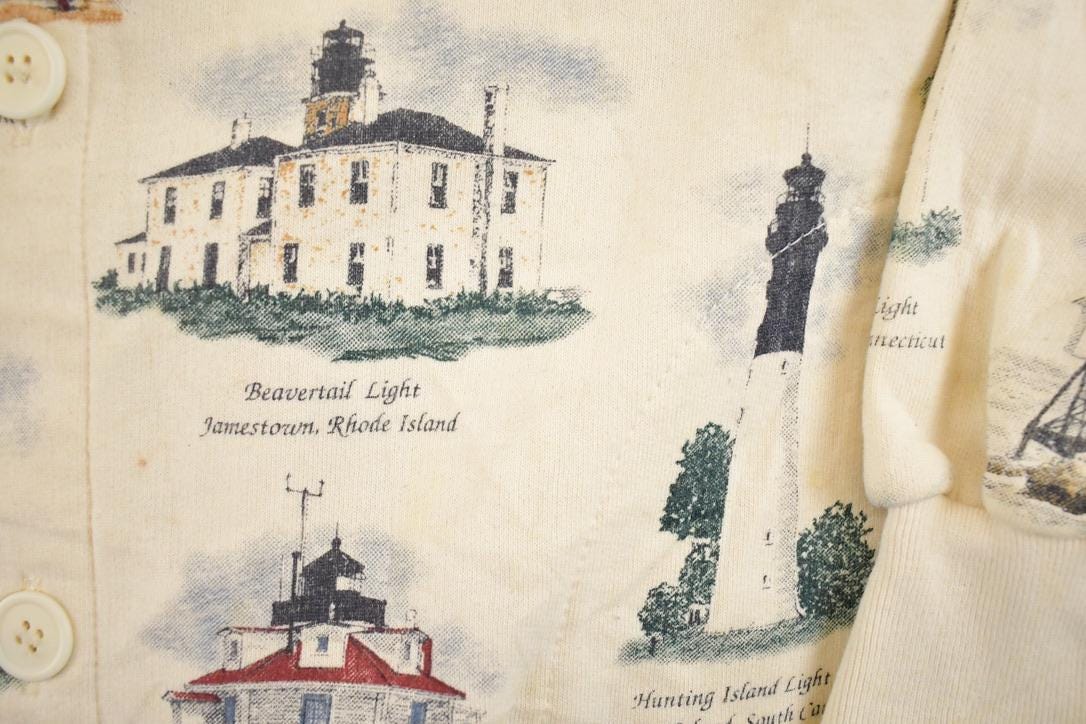 Vintage 1990s Art Unlimited AOP Lighthouses Button Up Souvenir Sweatshirt Mens L from propervintagecanada
