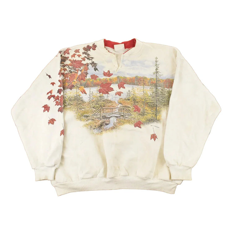 Vintage 1990s Art Unlimited Autumn Leaves All Over Print Landscape Henley Sweatshirt Men's XL from propervintagecanada