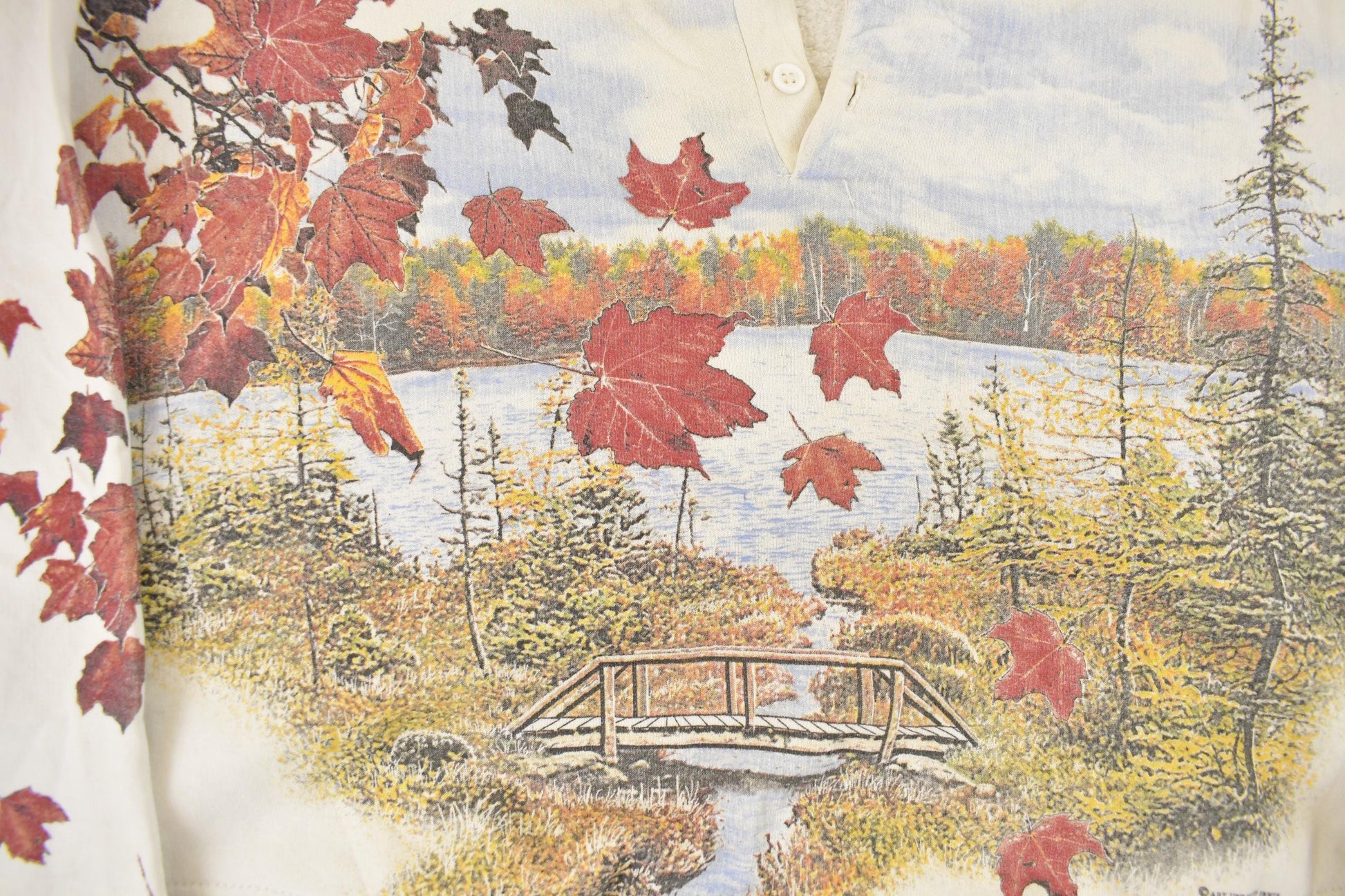 Vintage 1990s Art Unlimited Autumn Leaves All Over Print Landscape Henley Sweatshirt Men's XL from propervintagecanada
