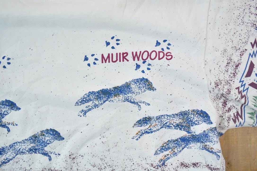 Vintage 1990s Art Unlimited Muir Woods Wolf Theme Graphic T-Shirt Men's Medium from propervintagecanada
