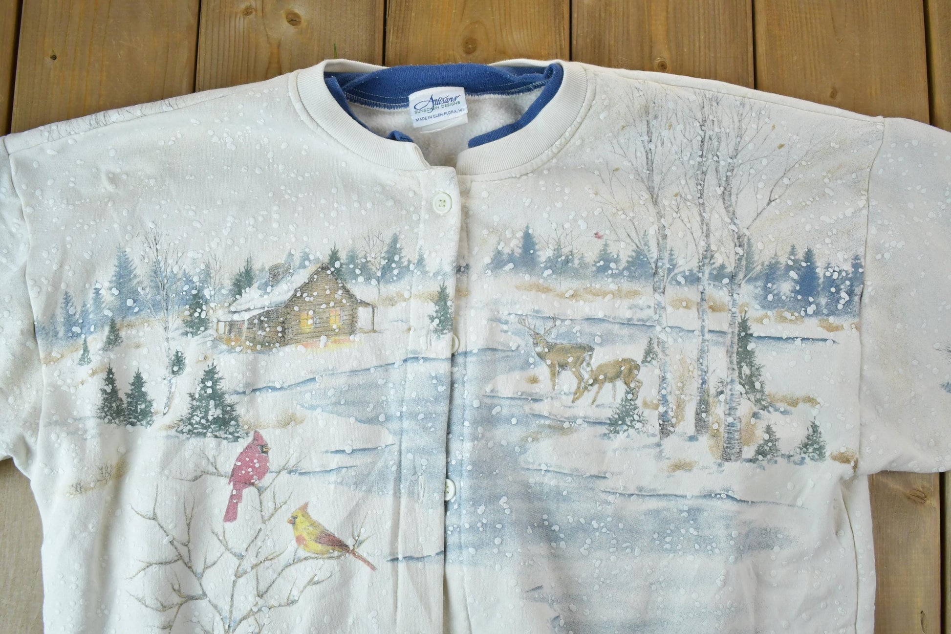 Vintage 1990s Artisans All Over Print Winter Theme Button Up Crewneck Men's XL from propervintagecanada