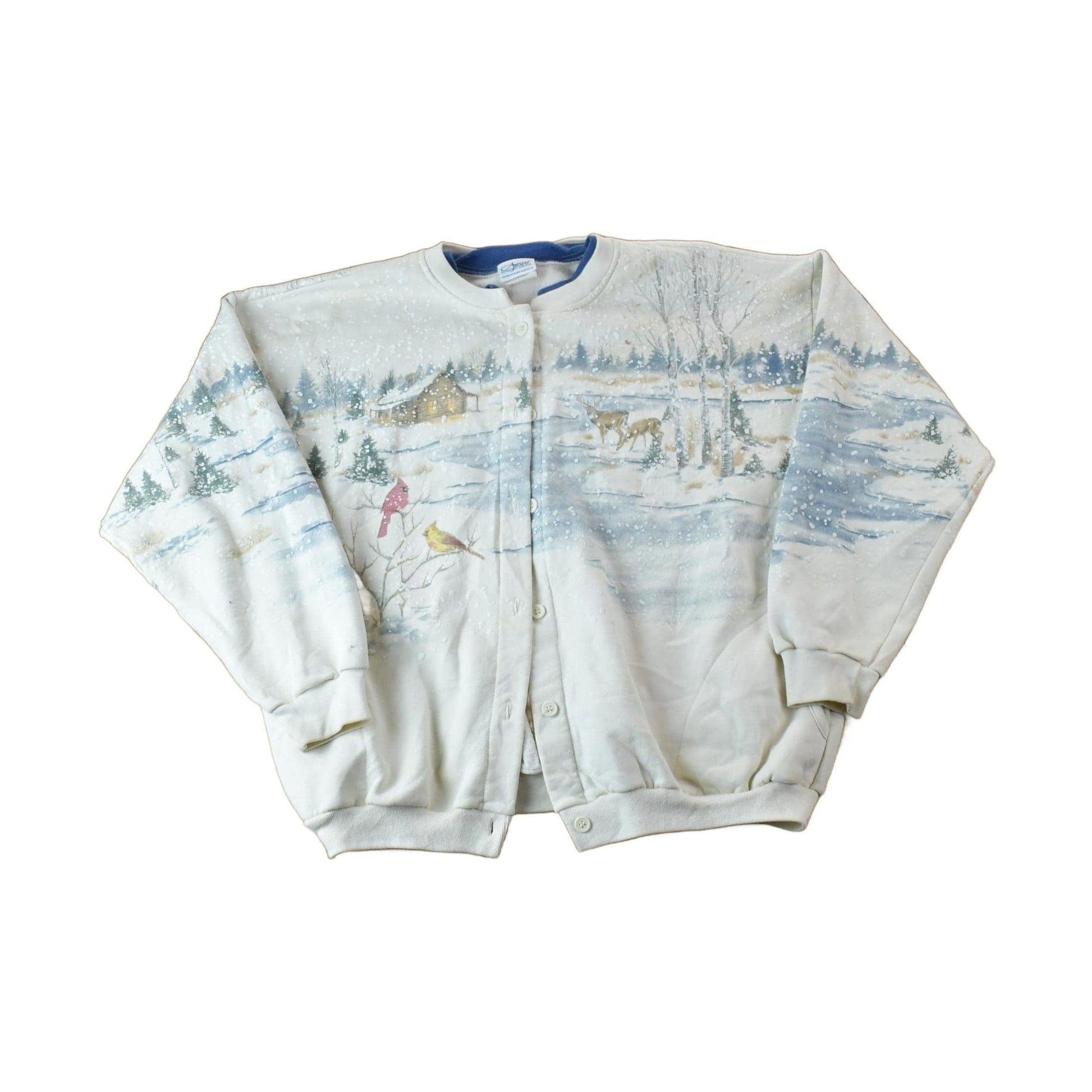 Vintage 1990s Artisans All Over Print Winter Theme Button Up Crewneck Men's XL from propervintagecanada