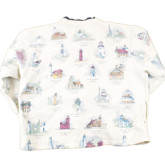 Vintage 1990s Artisans AOP Lighthouse Double Collar Button Up Graphic Print Crewneck Sweatshirt Women's L from propervintagecanada