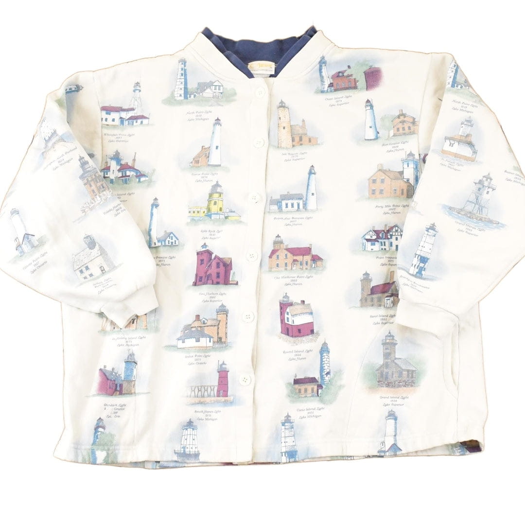 Vintage 1990s Artisans AOP Lighthouse Double Collar Button Up Graphic Print Crewneck Sweatshirt Women's L from propervintagecanada