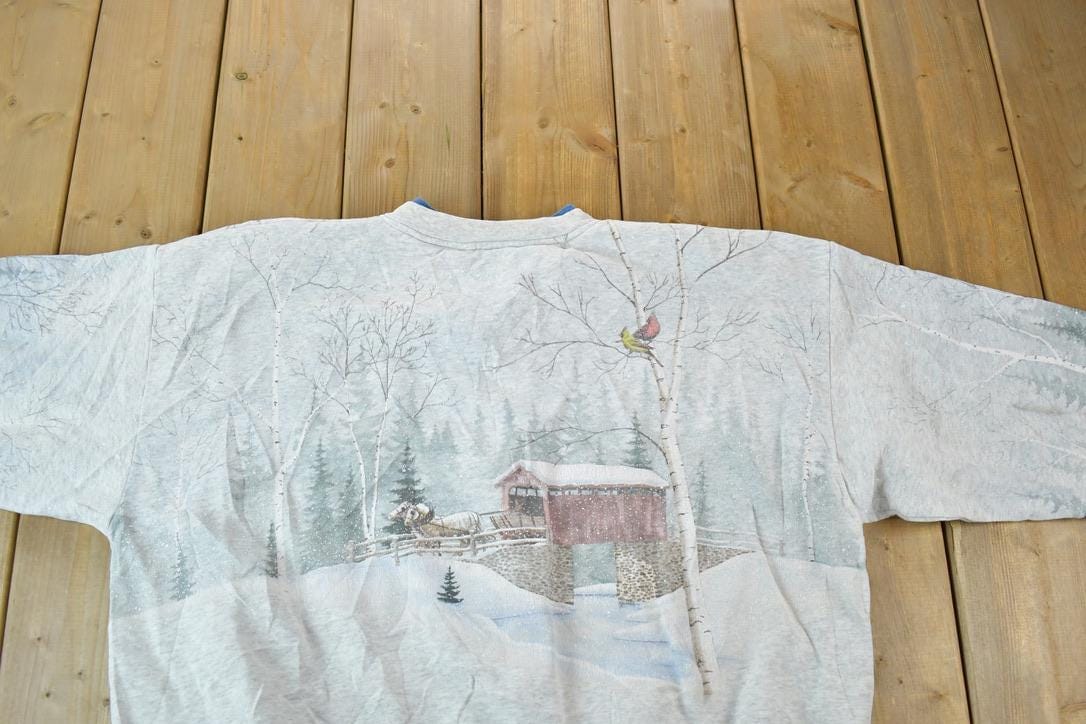 Vintage 1990s Artisans AOP Winter Theme Button Up Double Collar Souvenir Crewneck Sweatshirt Men's XL from propervintagecanada
