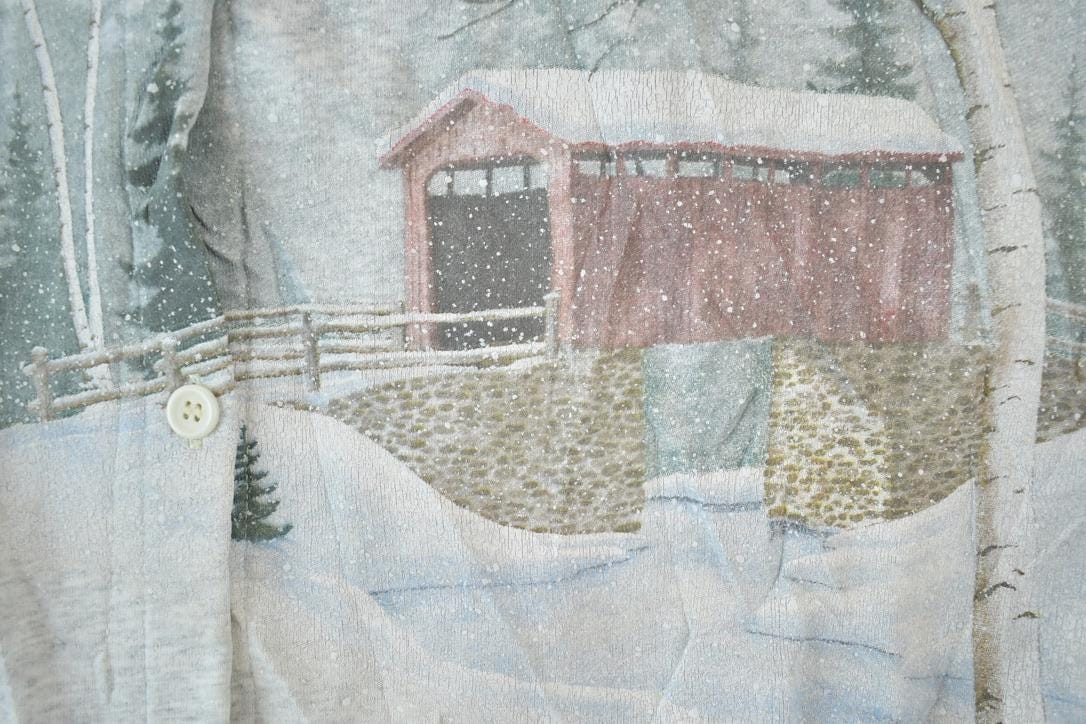 Vintage 1990s Artisans AOP Winter Theme Button Up Double Collar Souvenir Crewneck Sweatshirt Men's XL from propervintagecanada