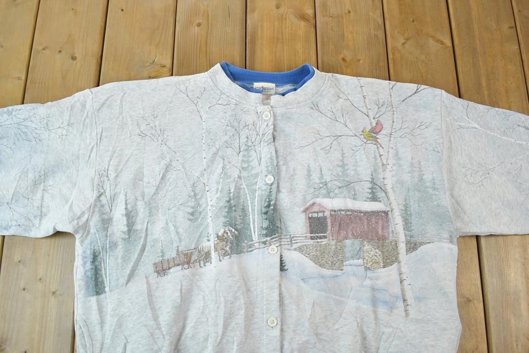 Vintage 1990s Artisans AOP Winter Theme Button Up Double Collar Souvenir Crewneck Sweatshirt Men's XL from propervintagecanada