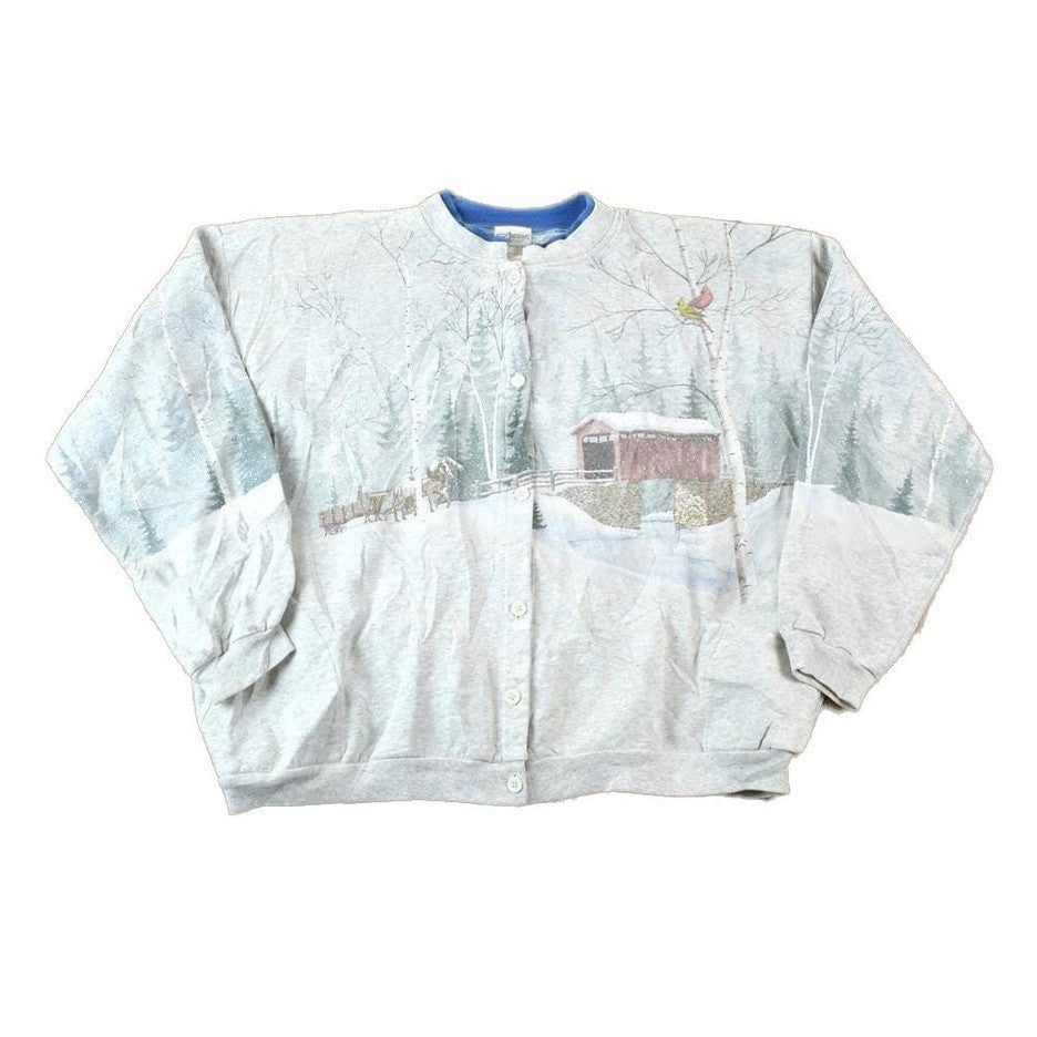 Vintage 1990s Artisans AOP Winter Theme Button Up Double Collar Souvenir Crewneck Sweatshirt Men's XL from propervintagecanada