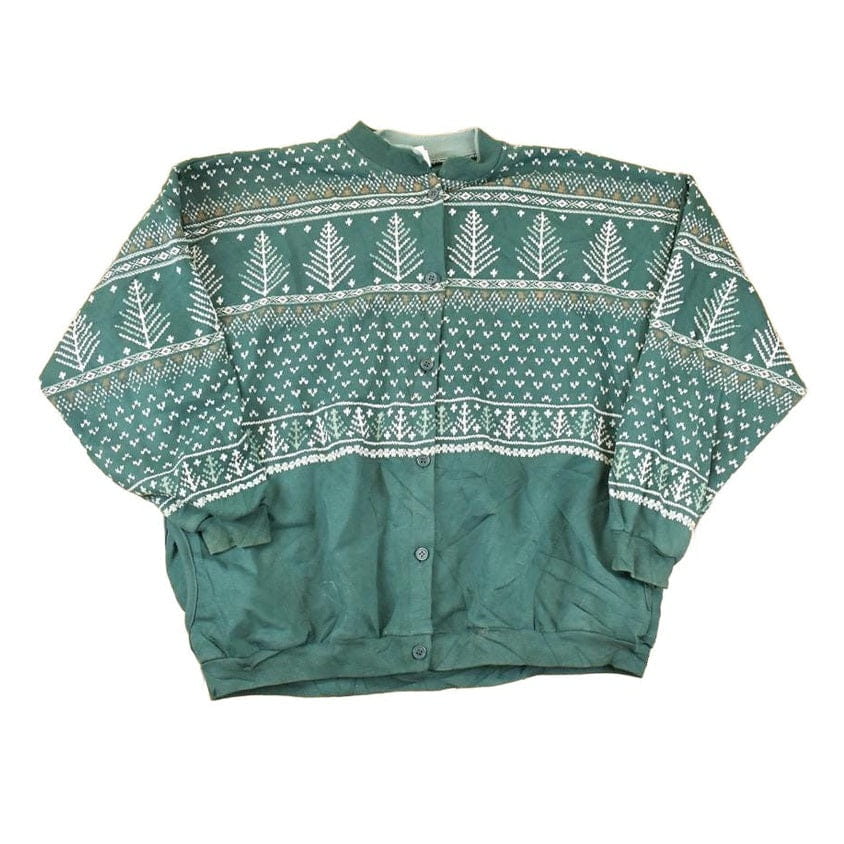 Vintage 1990s Artisans Double Collar Christmas Tree Button Up Graphic Print Crewneck Sweatshirt Women's L from propervintagecanada