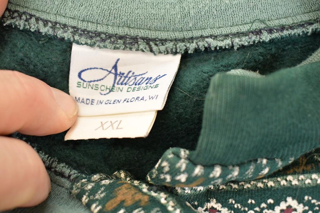 Vintage 1990s Artisans Double Collar Christmas Tree Button Up Graphic Print Crewneck Sweatshirt Women's L from propervintagecanada
