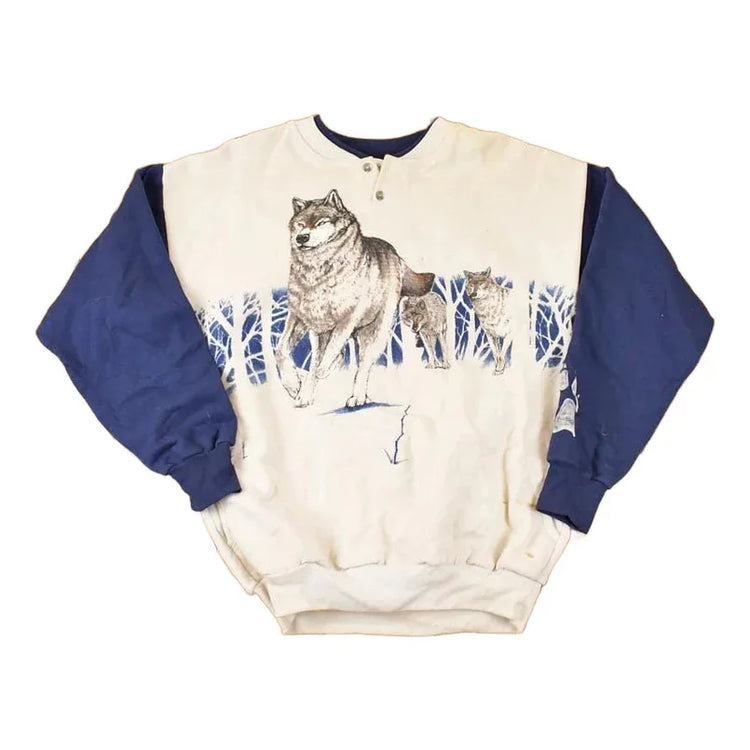 Vintage 1990s Artisans Large Wolf Graphic Print Button Up AOP Crewneck Sweatshirt Mens L from propervintagecanada