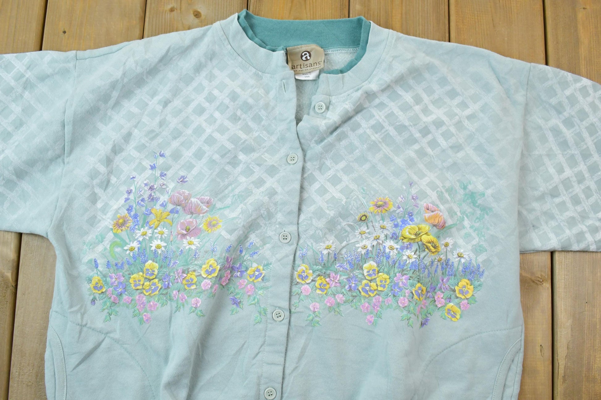Vintage 1990s Artisans The Art Of Apparel Floral Theme Full Button Down Sweatshirt Women's XL from propervintagecanada