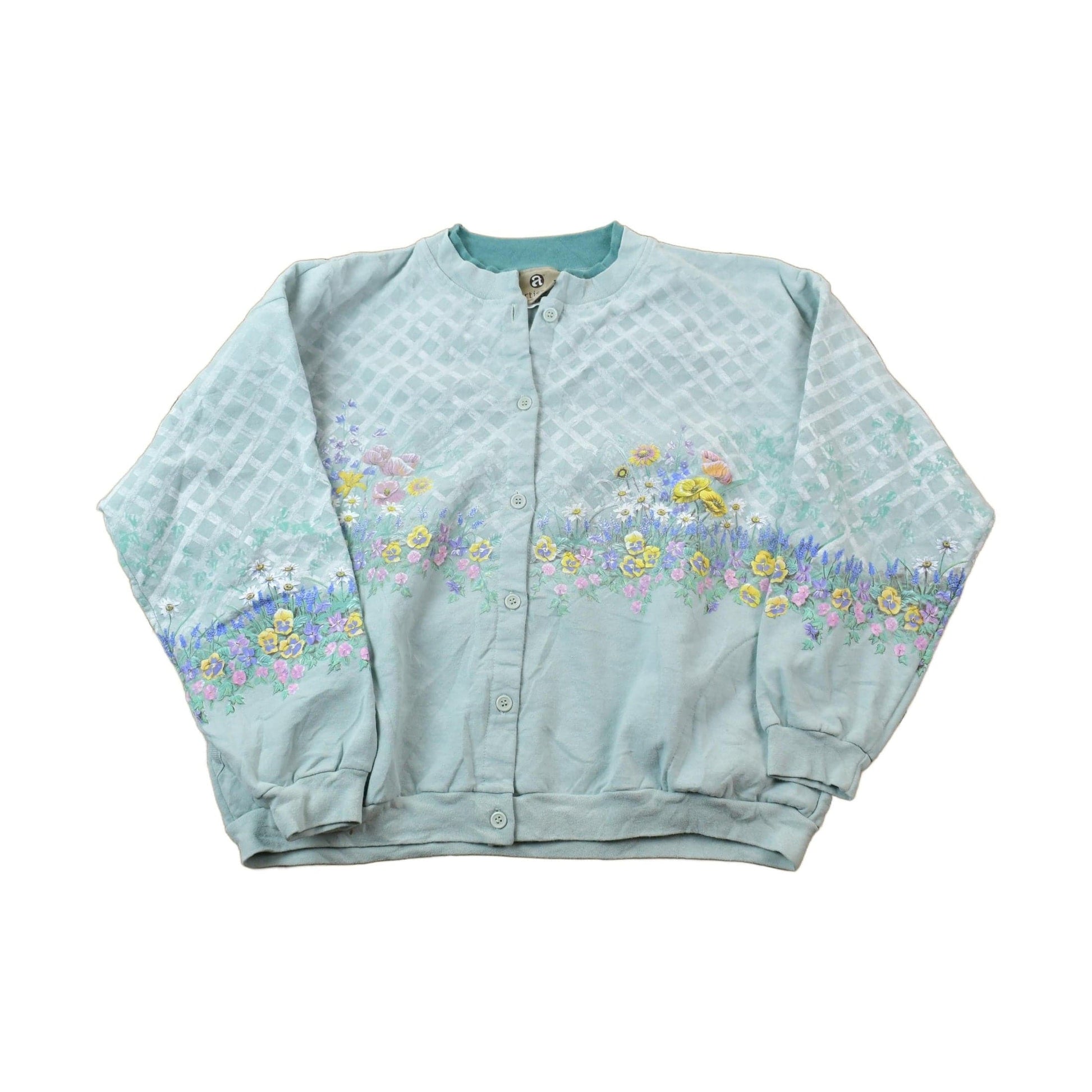 Vintage 1990s Artisans The Art Of Apparel Floral Theme Full Button Down Sweatshirt Women's XL from propervintagecanada