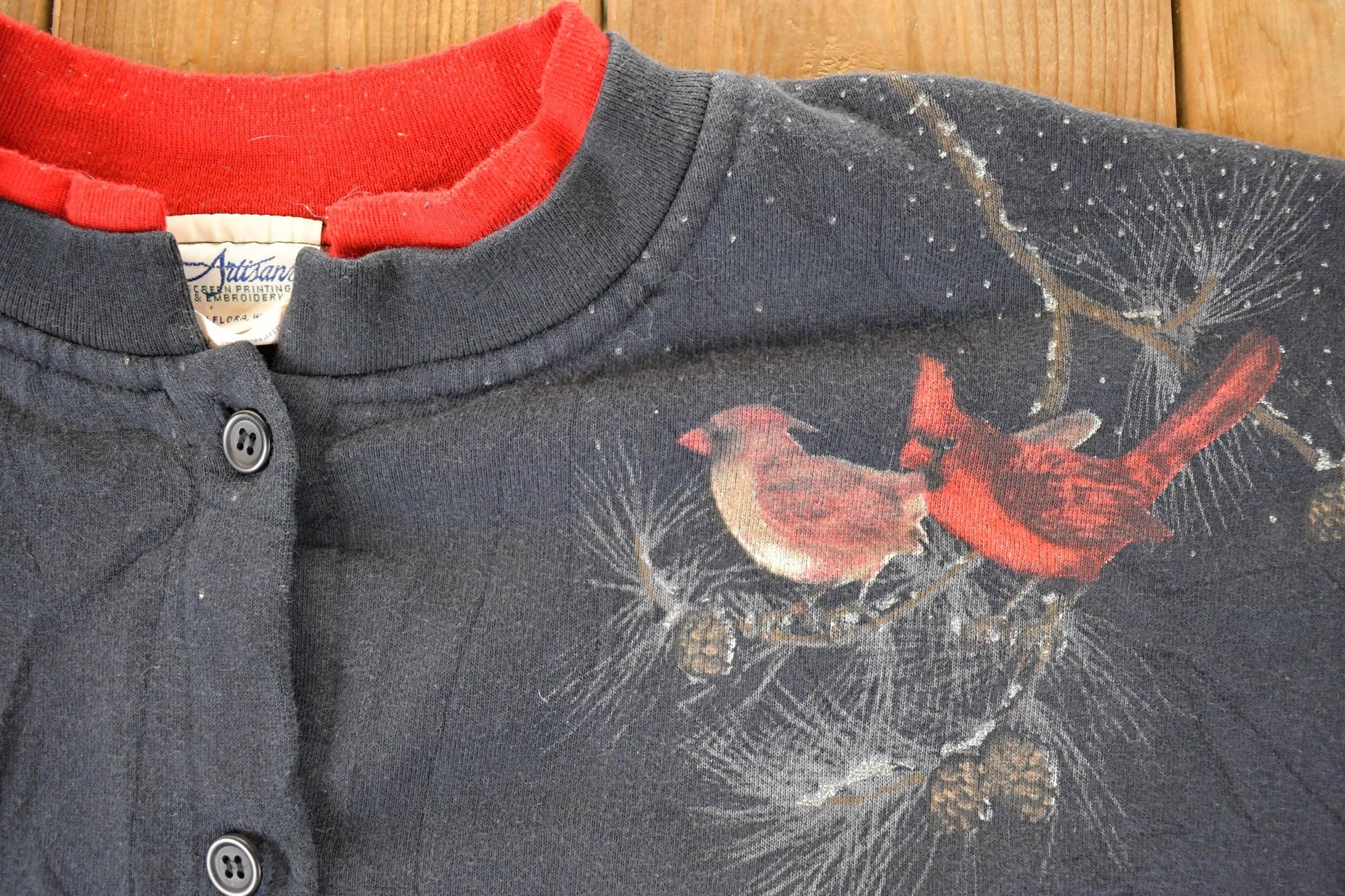 Vintage 1990s Artisans Winter Cardinal AOP Double Collar Button Up Crewneck Sweatshirt Women's L from propervintagecanada
