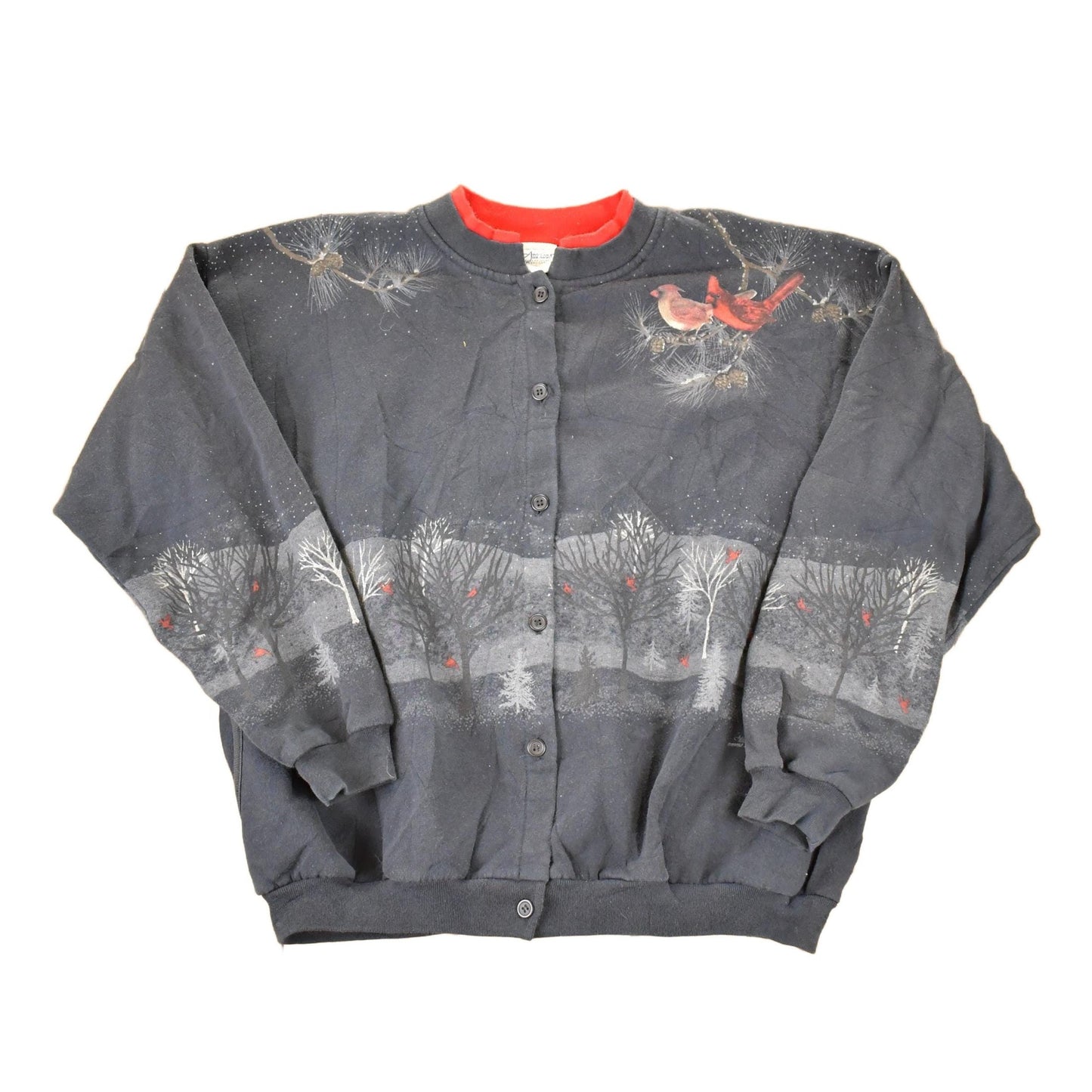 Vintage 1990s Artisans Winter Cardinal AOP Double Collar Button Up Crewneck Sweatshirt Women's L from propervintagecanada