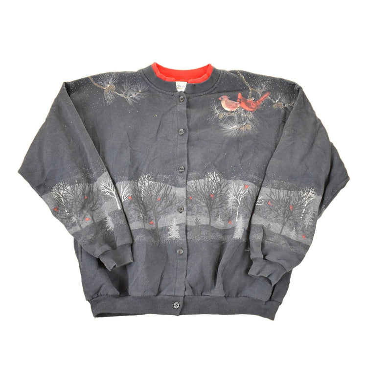 Vintage 1990s Artisans Winter Cardinal AOP Double Collar Button Up Crewneck Sweatshirt Women's L from propervintagecanada