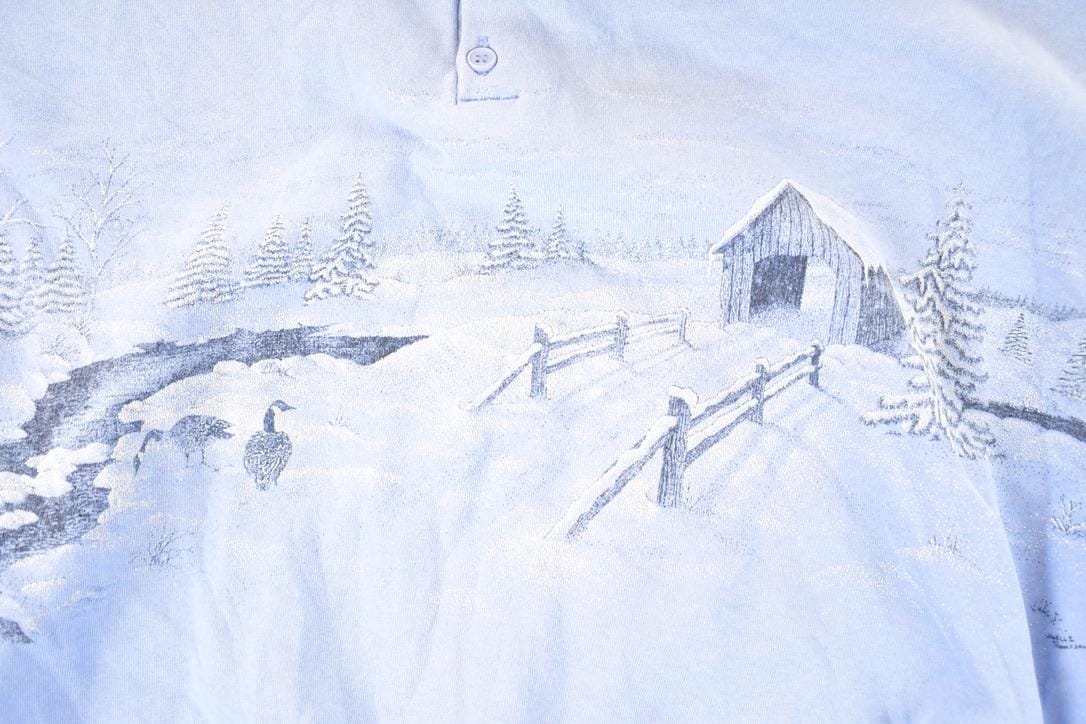 Vintage 1990s Artisans Winter Theme AOP Collared Quarter Button Crewneck Sweatshirt Men's XL from propervintagecanada