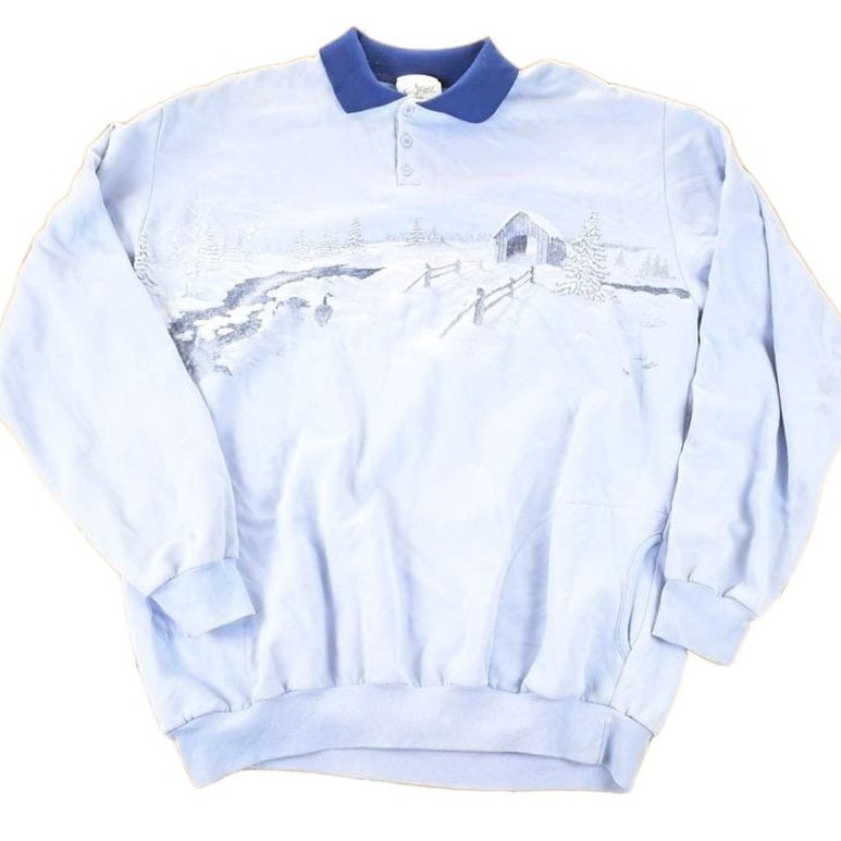 Vintage 1990s Artisans Winter Theme AOP Collared Quarter Button Crewneck Sweatshirt Men's XL from propervintagecanada