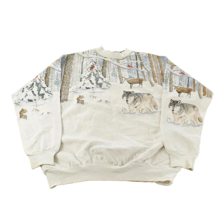 Vintage 1990s Artisans Winter Wolf Graphic Print AOP Crewneck Sweatshirt Mens L from propervintagecanada