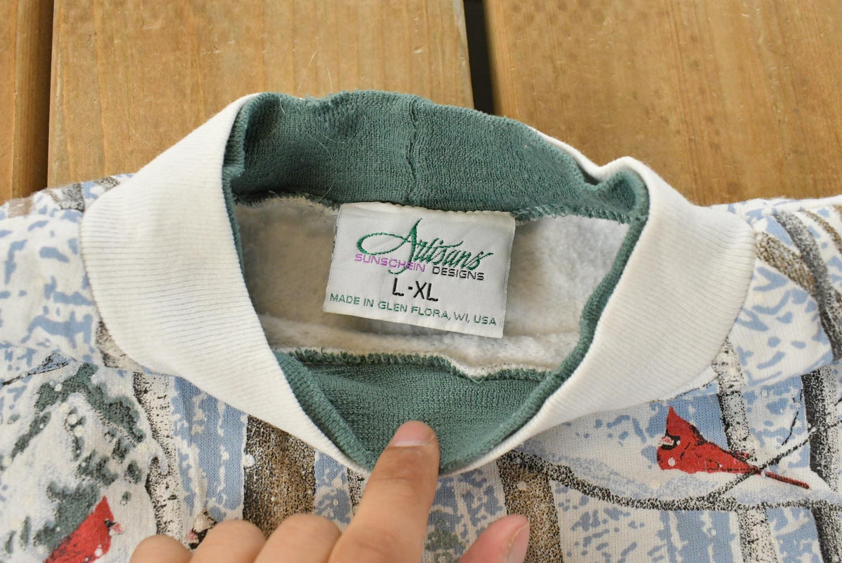 Vintage 1990s Artisans Winter Wolf Graphic Print AOP Crewneck Sweatshirt Mens L from propervintagecanada