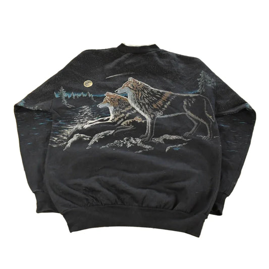 Vintage 1990s Artisans Wolf Graphic Henley Crewneck Sweatshirt Mens Large from propervintagecanada